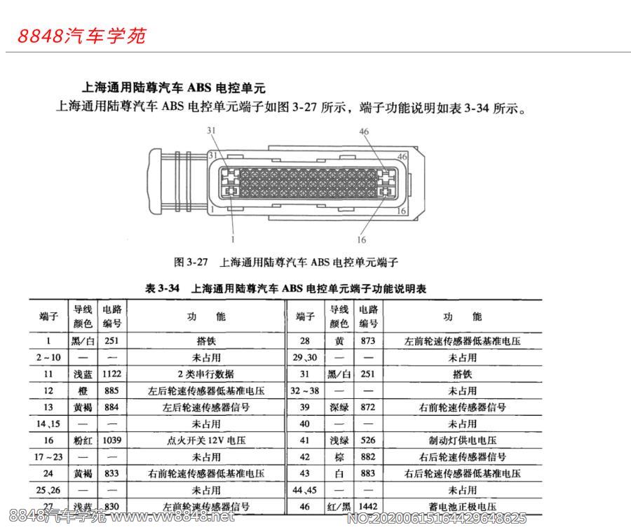 上海通用陆尊汽车ABS电控单元端子图